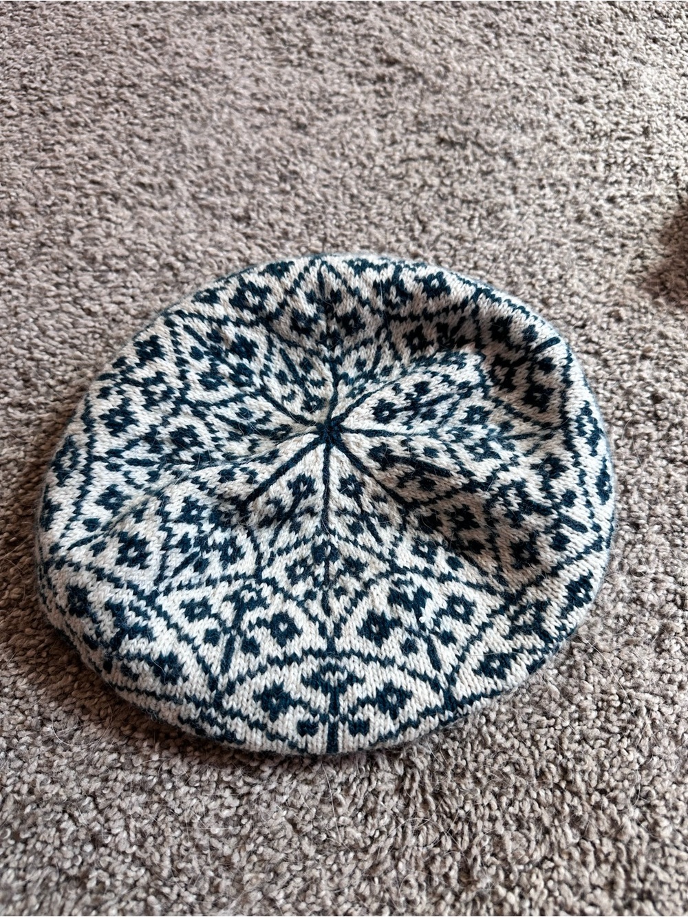 Hunter Green and Cream Knit Beret with Nordic Pattern - Handmade